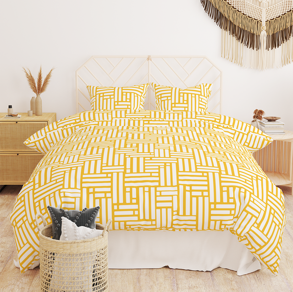 Duvet Covers -  Minimal elegant line brush stroke shapes and line in nude colors Deep Yellow and  white -m10018