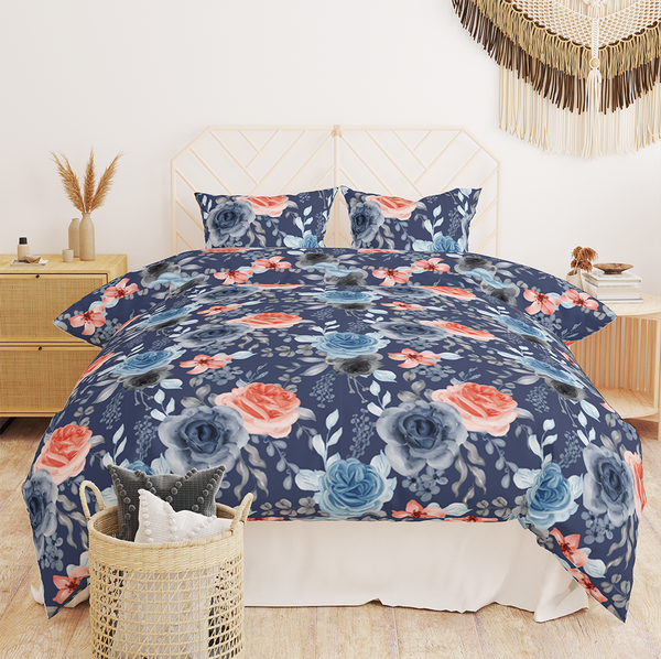 Duvet Covers - Watercolor flower rose orange blue and leaves seamless pattern -m10075