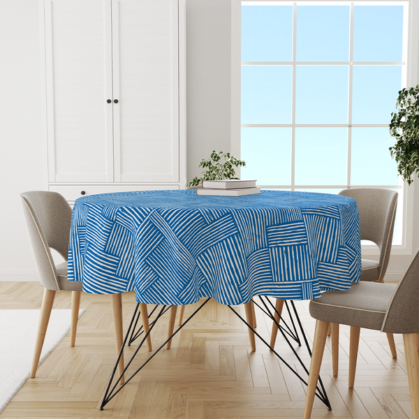 Round Tablecloths -  Minimal elegant line brush stroke shapes and line in nude colors Blue and  white -m10023