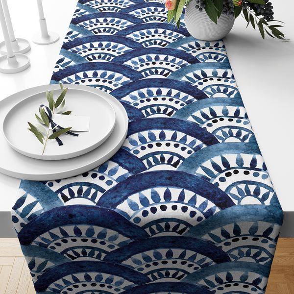 Table Runners - watercolor seamless pattern. blue oriental ornament, fish scales. Moroccan tiles. authentic hand drawing -m10048