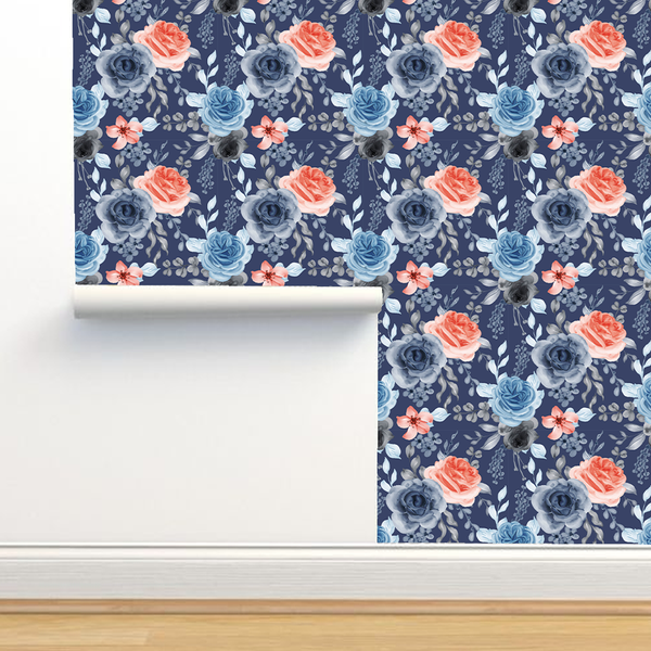 Wallpaper - Watercolor flower rose orange blue and leaves seamless pattern -m10075