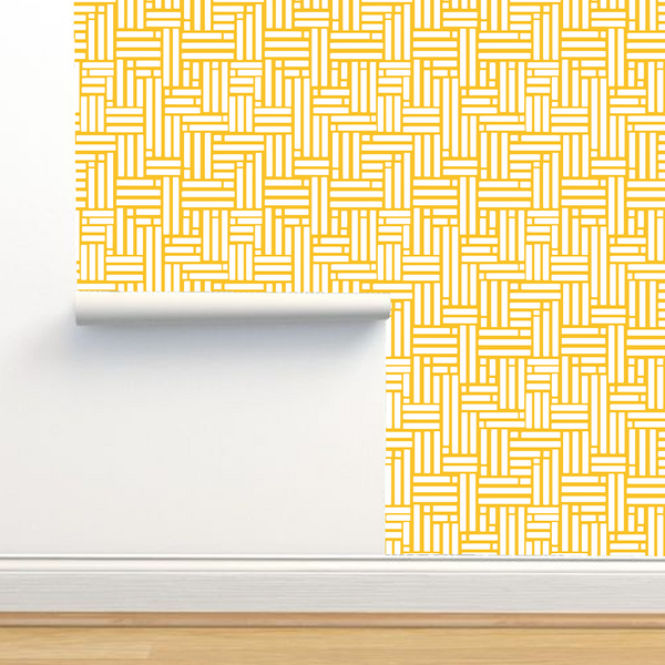 Wallpaper -  Minimal elegant line brush stroke shapes and line in nude colors Deep Yellow and  white -m10018
