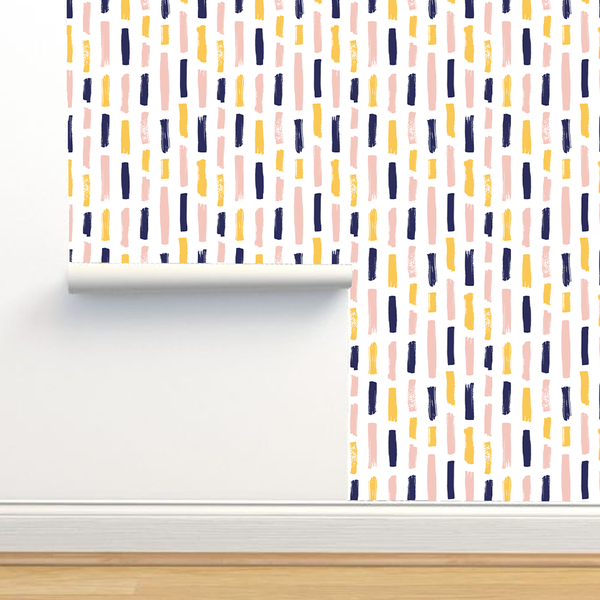 Wallpaper - Modern seamless pattern with yellow, pink, blue brush strokes on white background  -m10055