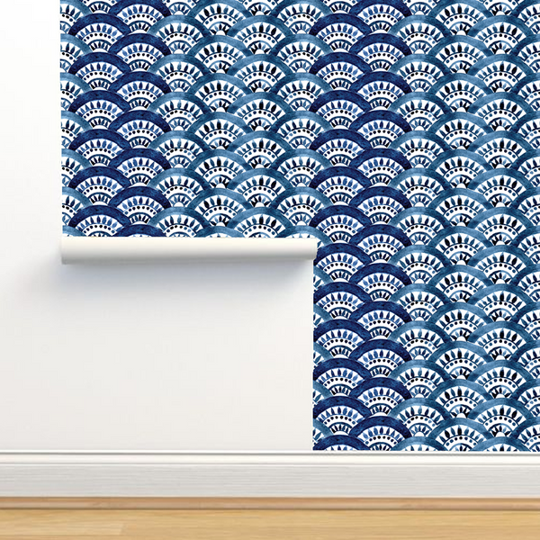 Wallpaper - watercolor seamless pattern. blue oriental ornament, fish scales. Moroccan tiles. authentic hand drawing -m10048