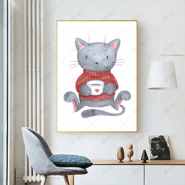 A cat drinking a cup of coffee mural - E1P0472