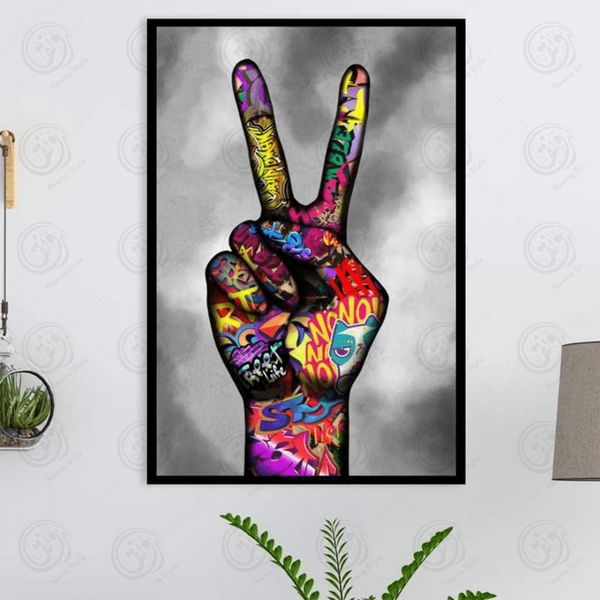 A painting of a hand raised for the peace sign - E1PR-11112