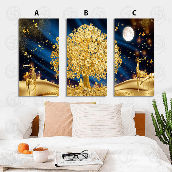 Golden tree, deer and butterflies art paintings - ET3PR-TGH777