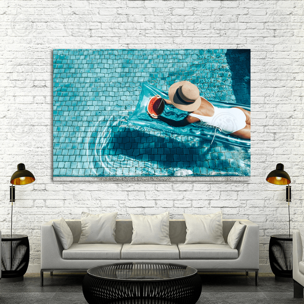 Painting of a girl floating on the beach mattress and eating watermelon in the blue pond - E1PR-11282
