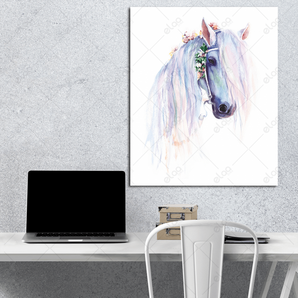 A blue horse and flowers mural on a watercolor background - E1P1025