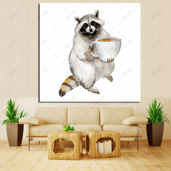 A raccoon animal and coffee cup mural on a white background - E1P0469